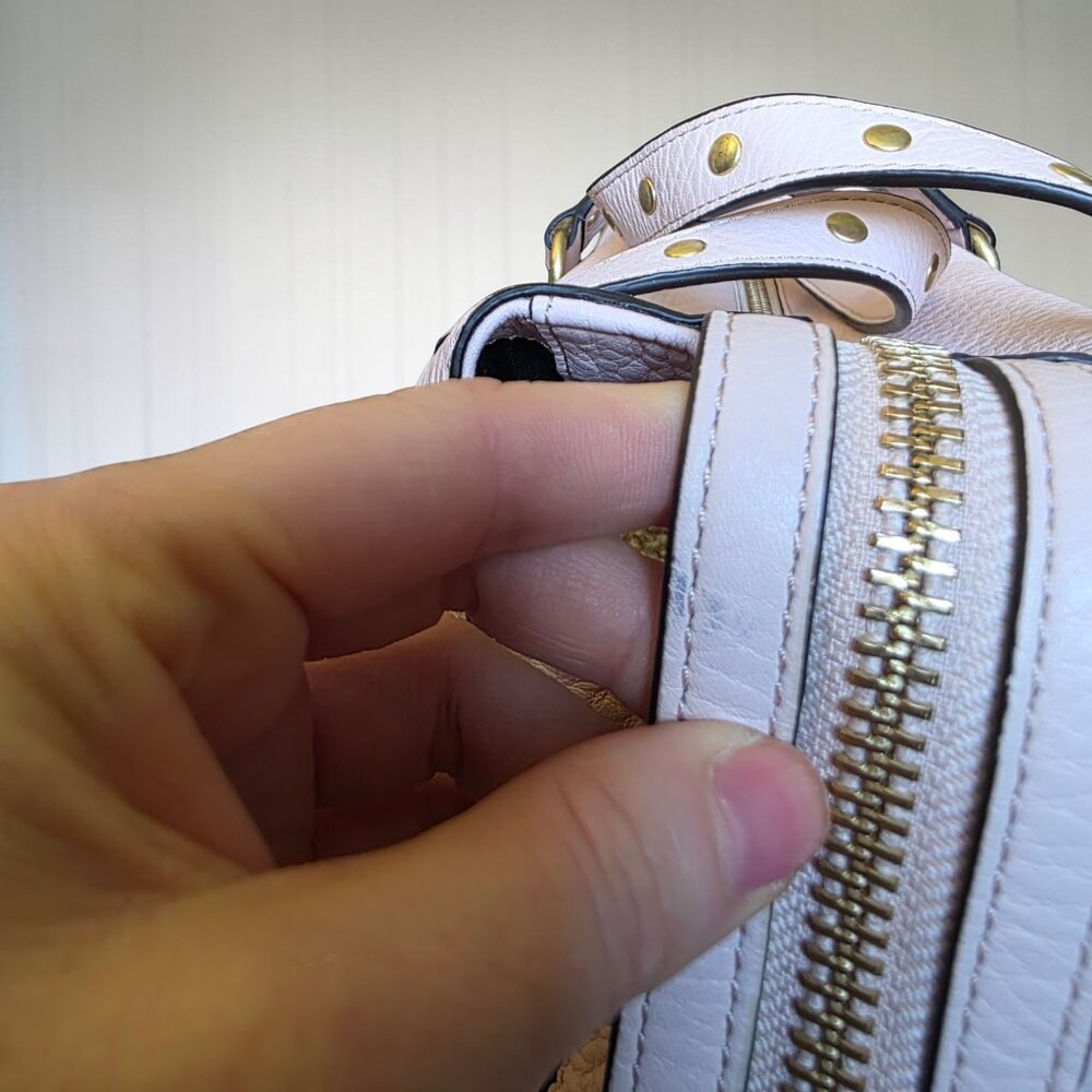 Cole Haan Blush Pink Pebbled Leather Tassel Satchel Crossbody Bag Gold Hardware - Picture 10 of 16